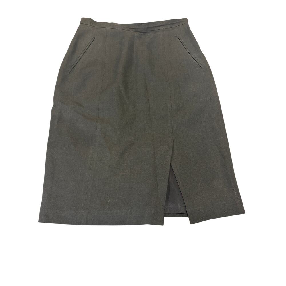 Alfred Sung Sz 8 Navy Linen Blend Front Slit Pencil Skirt Pockets Quiet Luxury